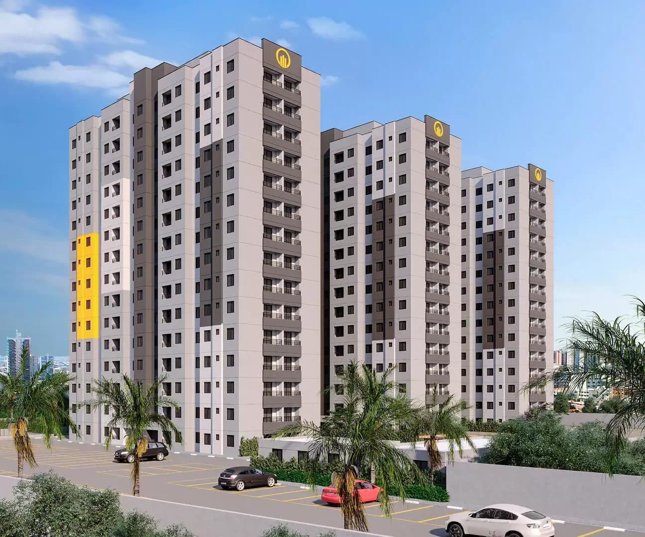 Vista externa de torres residenciais com fachada em tons de cinza e detalhes em amarelo, com estacionamento no térreo.
