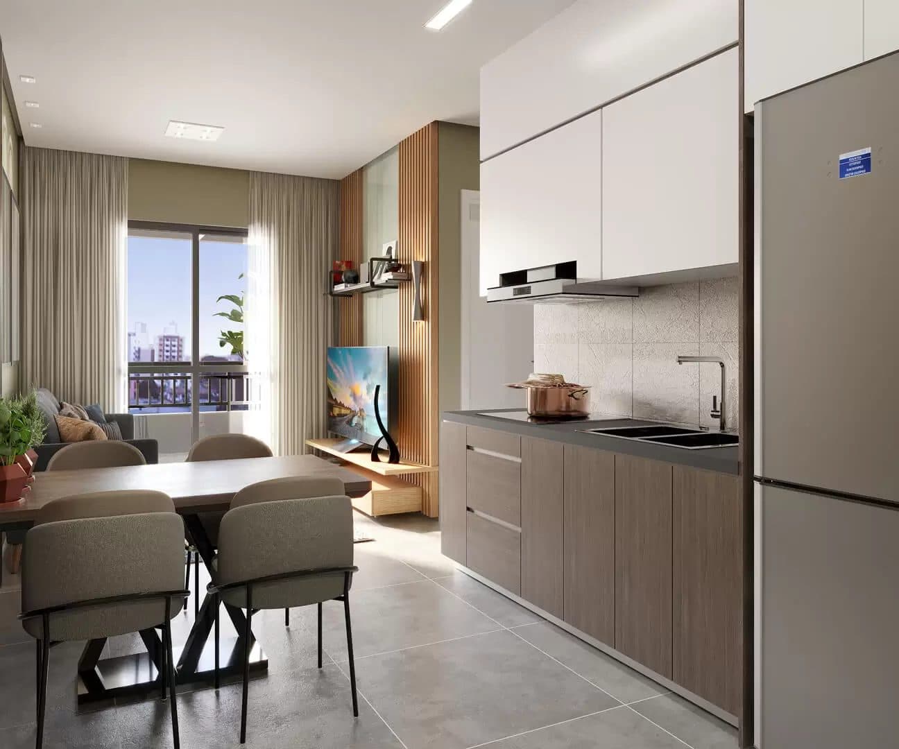 Sala de estar e jantar integrada com cozinha, apresentando armários brancos e amadeirados, mesa de jantar e acesso à varanda.
