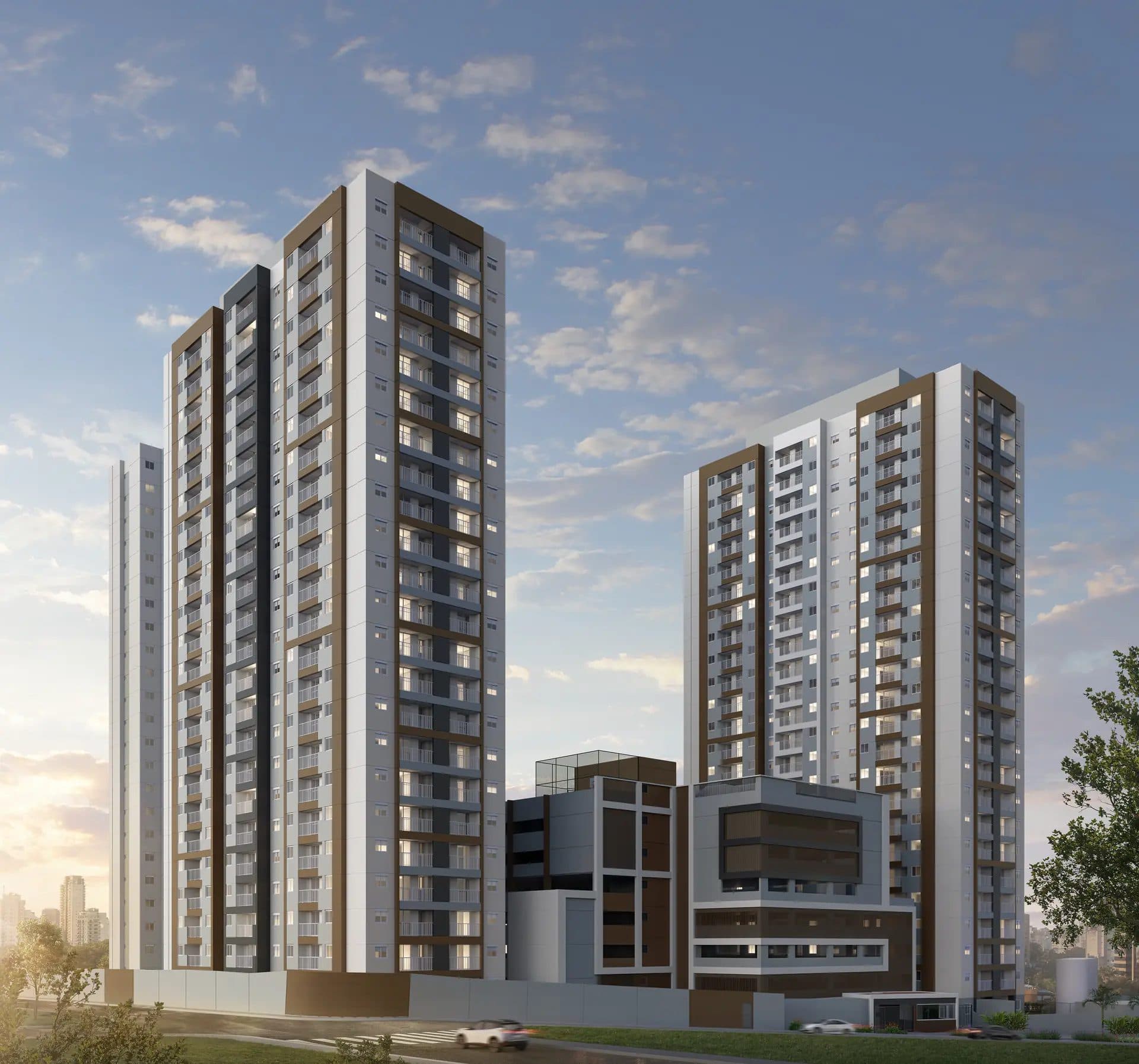 Fachada de dois edifícios residenciais altos com tons neutros e varandas.