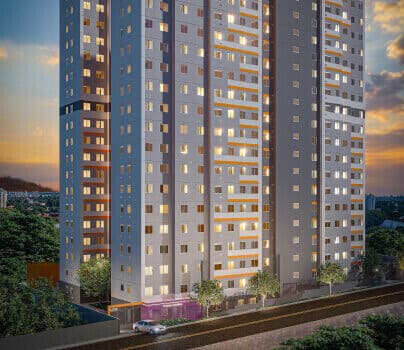 Renderização de fachada de edifício residencial com detalhes em laranja e cinza.