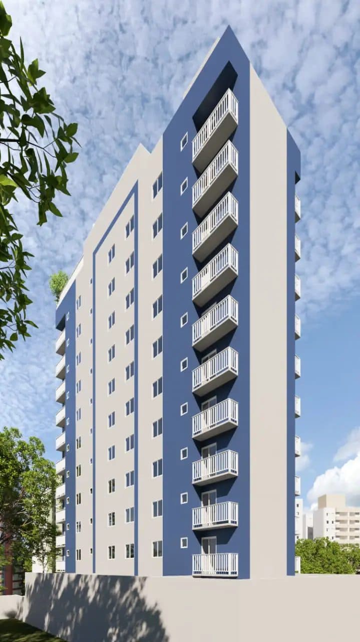 Fachada de prédio residencial com pintura azul e branca e varandas em todos os andares.