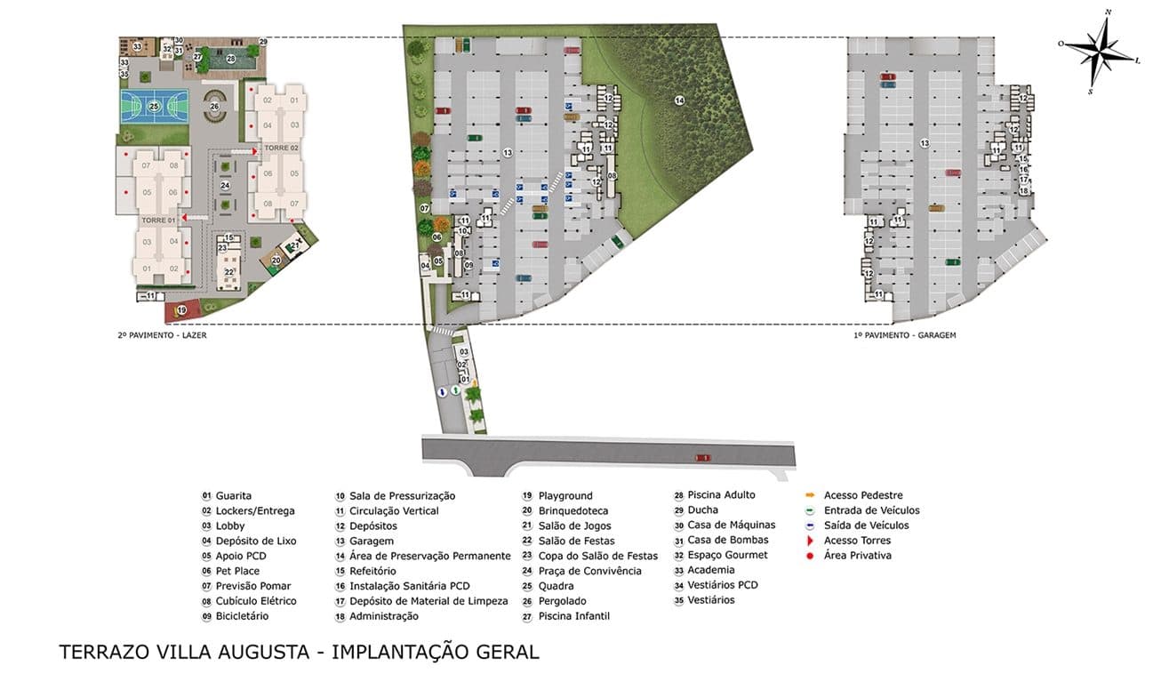 Mapa de implantação geral do condomínio, indicando a localização das torres, garagens e áreas de lazer.