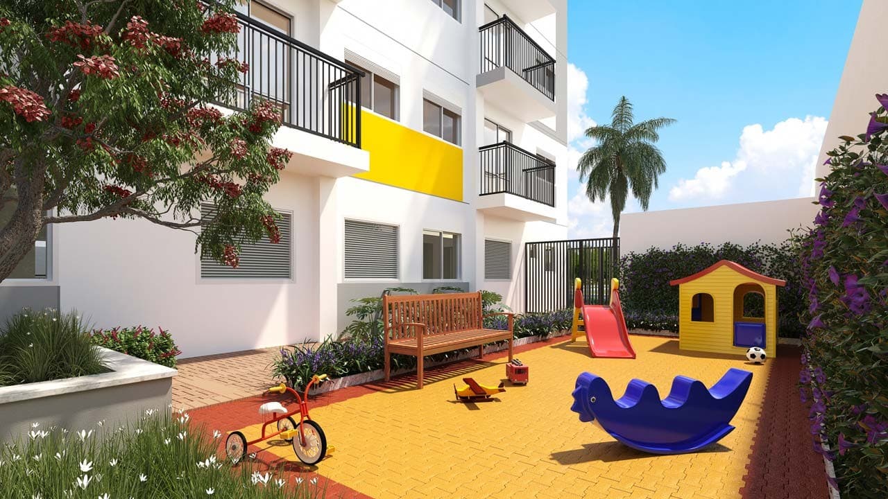 Playground infantil ao ar livre com escorregador, casinha de brinquedo e banco de madeira.
