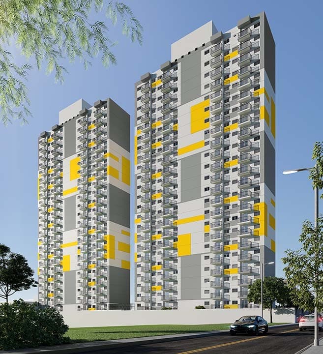 Fachada de torres residenciais com pintura em tons de cinza, branco e detalhes em amarelo.