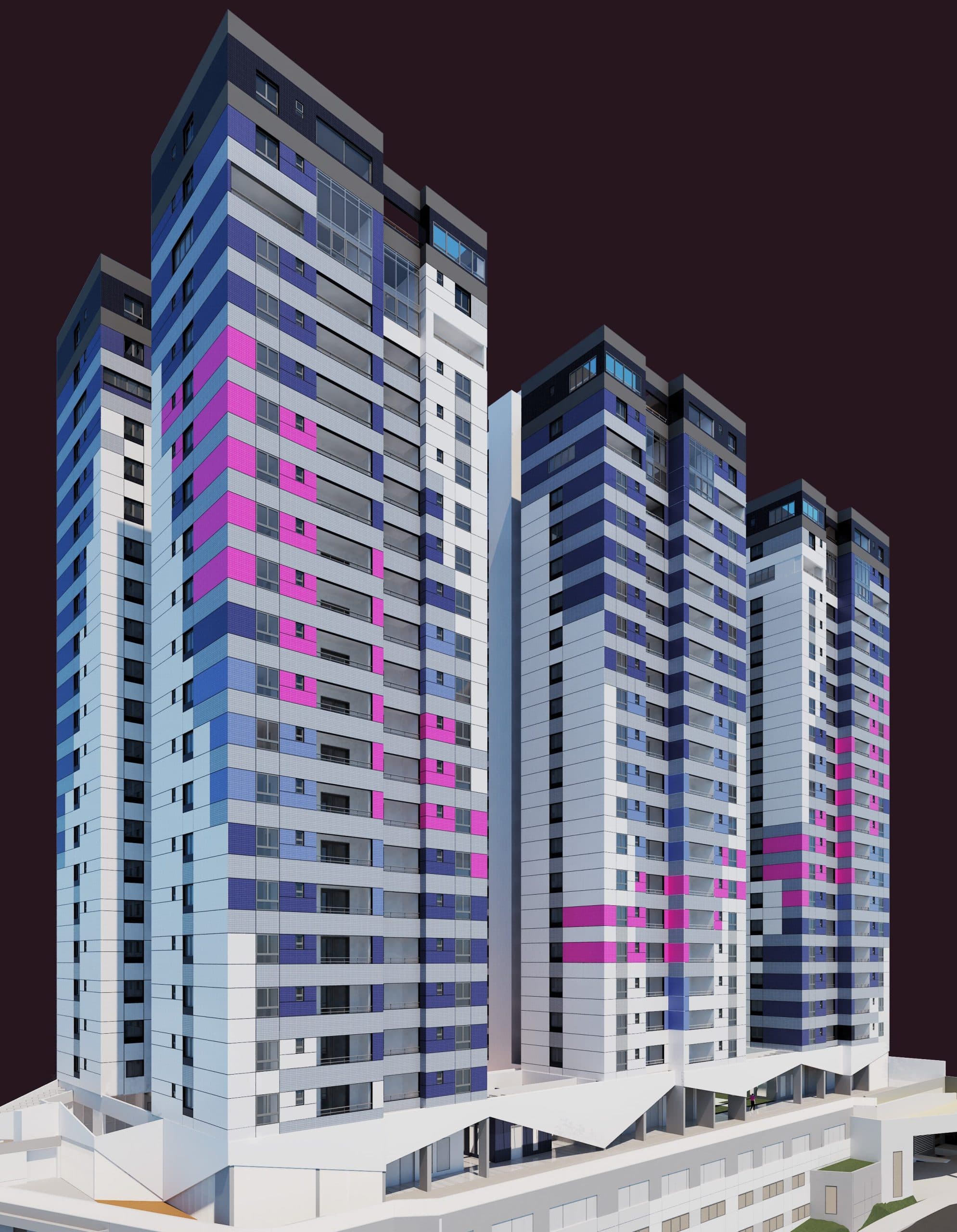 Perspectiva externa de torres residenciais com fachada colorida em tons de azul, rosa e branco.