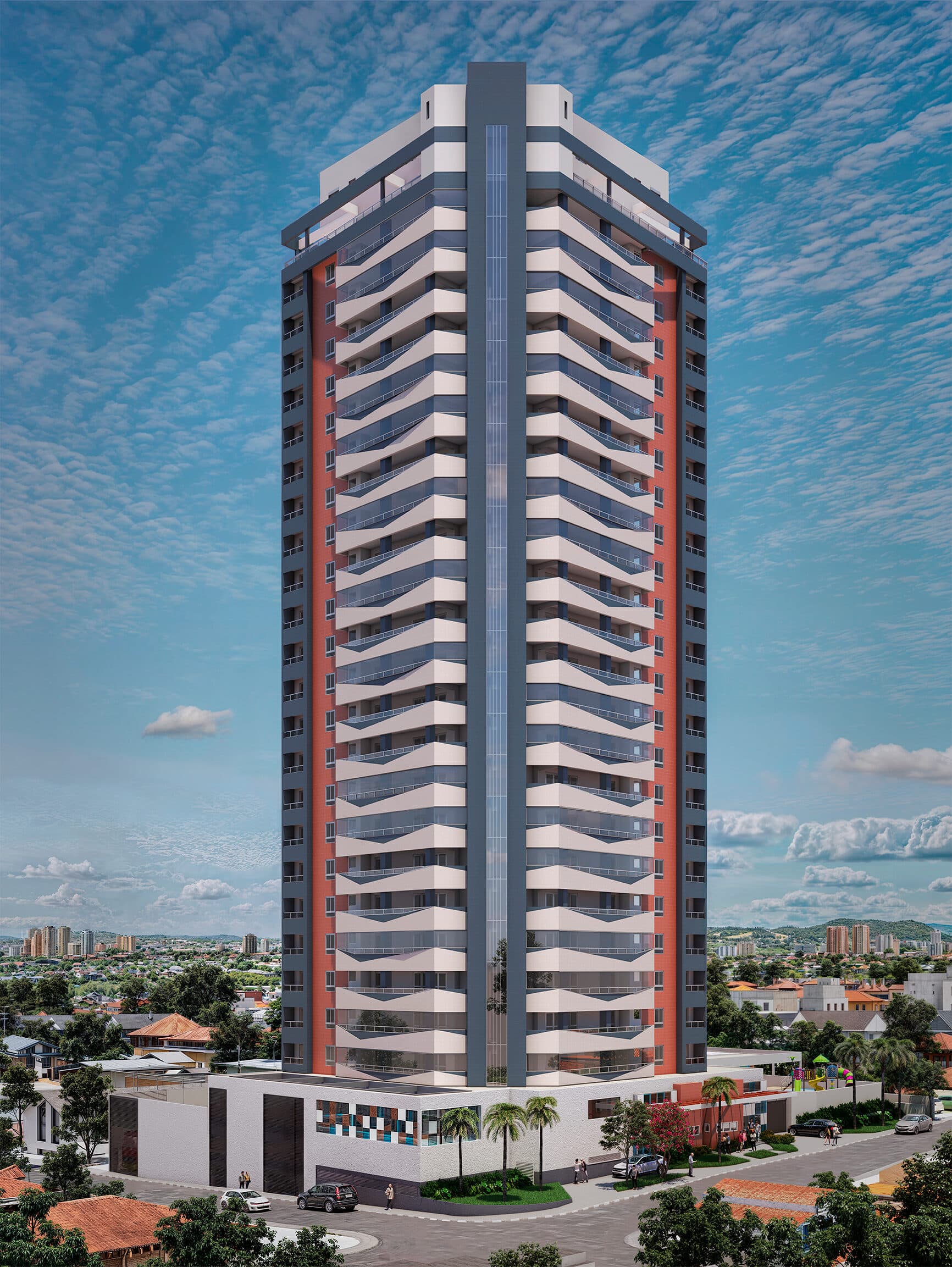 Perspectiva externa de edifício residencial alto com varandas envidraçadas e acabamento em tons de cinza e terracota.