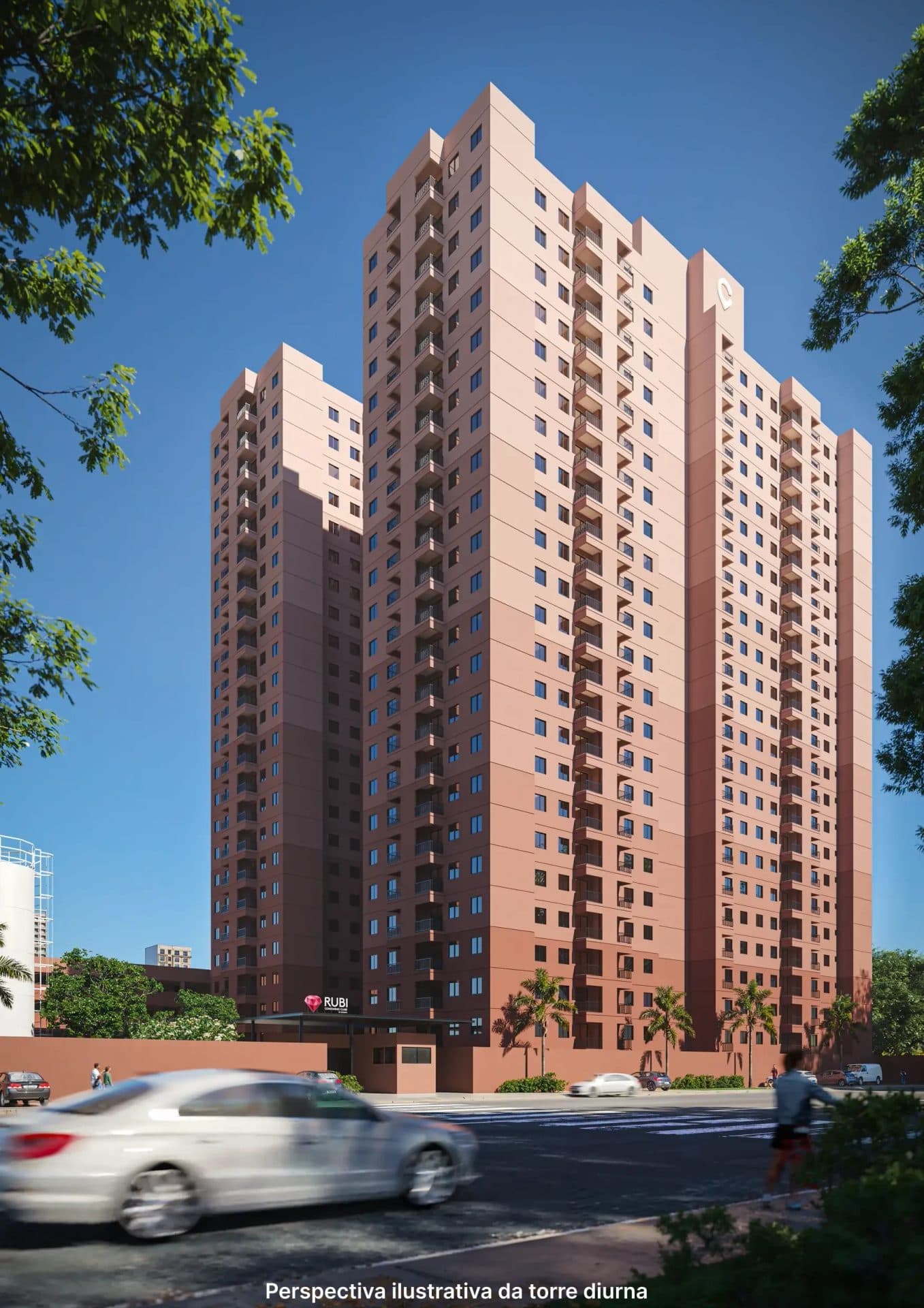Fachada do edifício residencial em tons terrosos durante o dia.