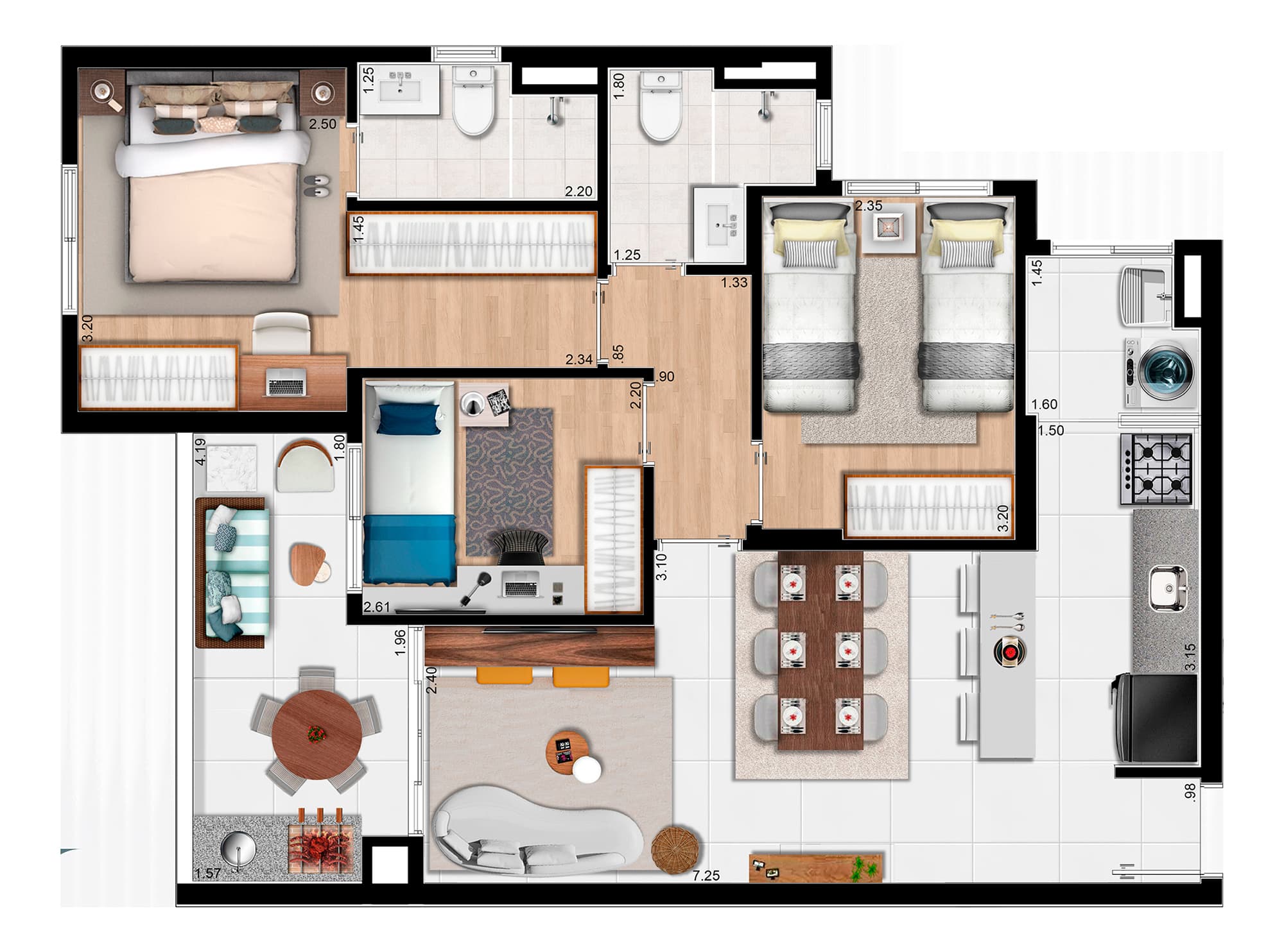 Planta baixa ilustrada de apartamento com três dormitórios, sala integrada, cozinha e varanda gourmet.