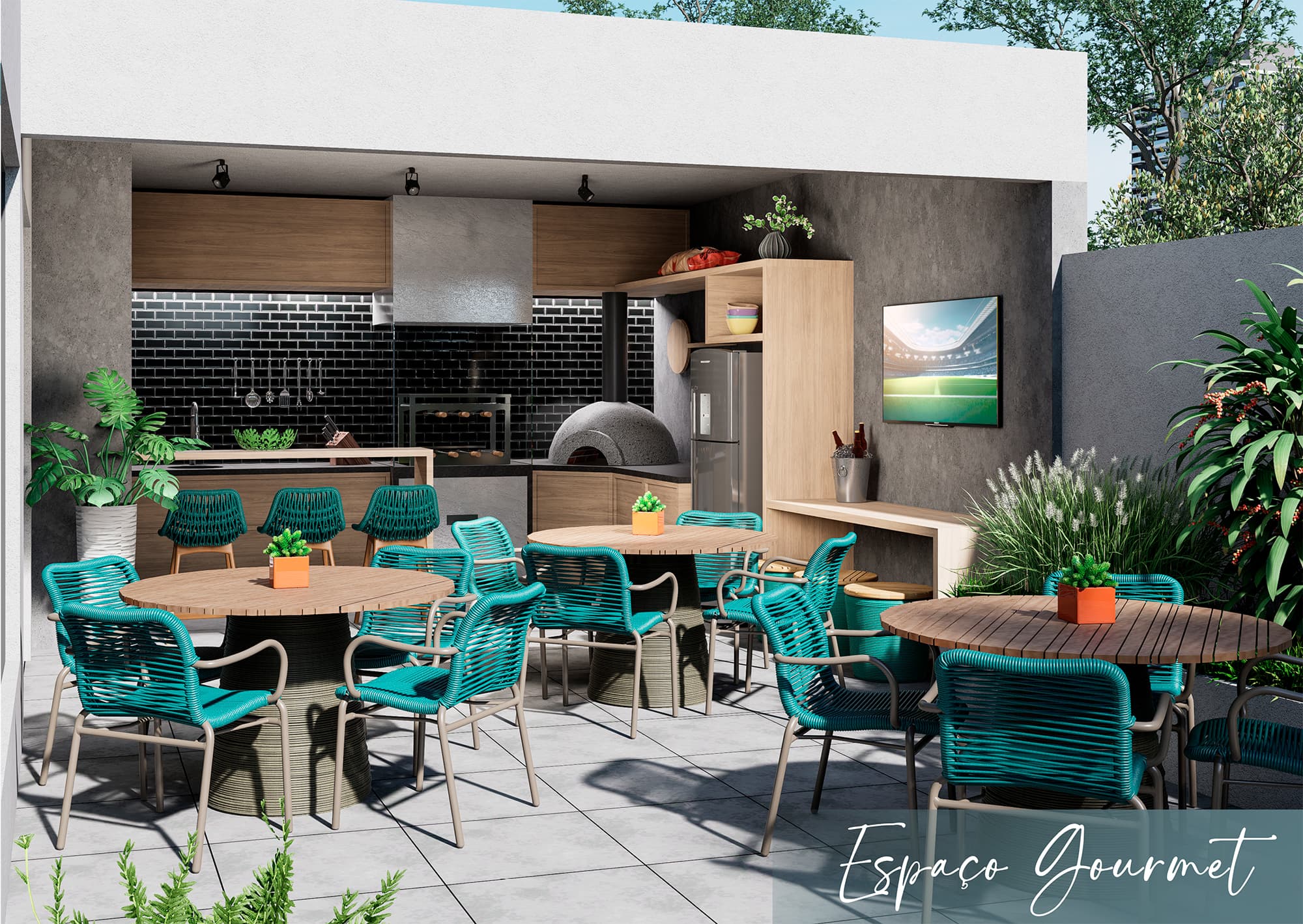 Espaço gourmet com churrasqueira, forno de pizza, bancada e mesas redondas.