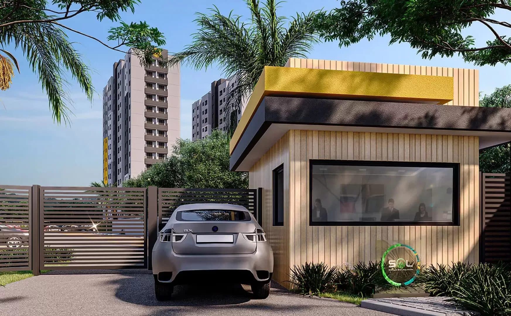 Portaria de condomínio com guarita moderna, revestimento amadeirado e portão de acesso para veículos.