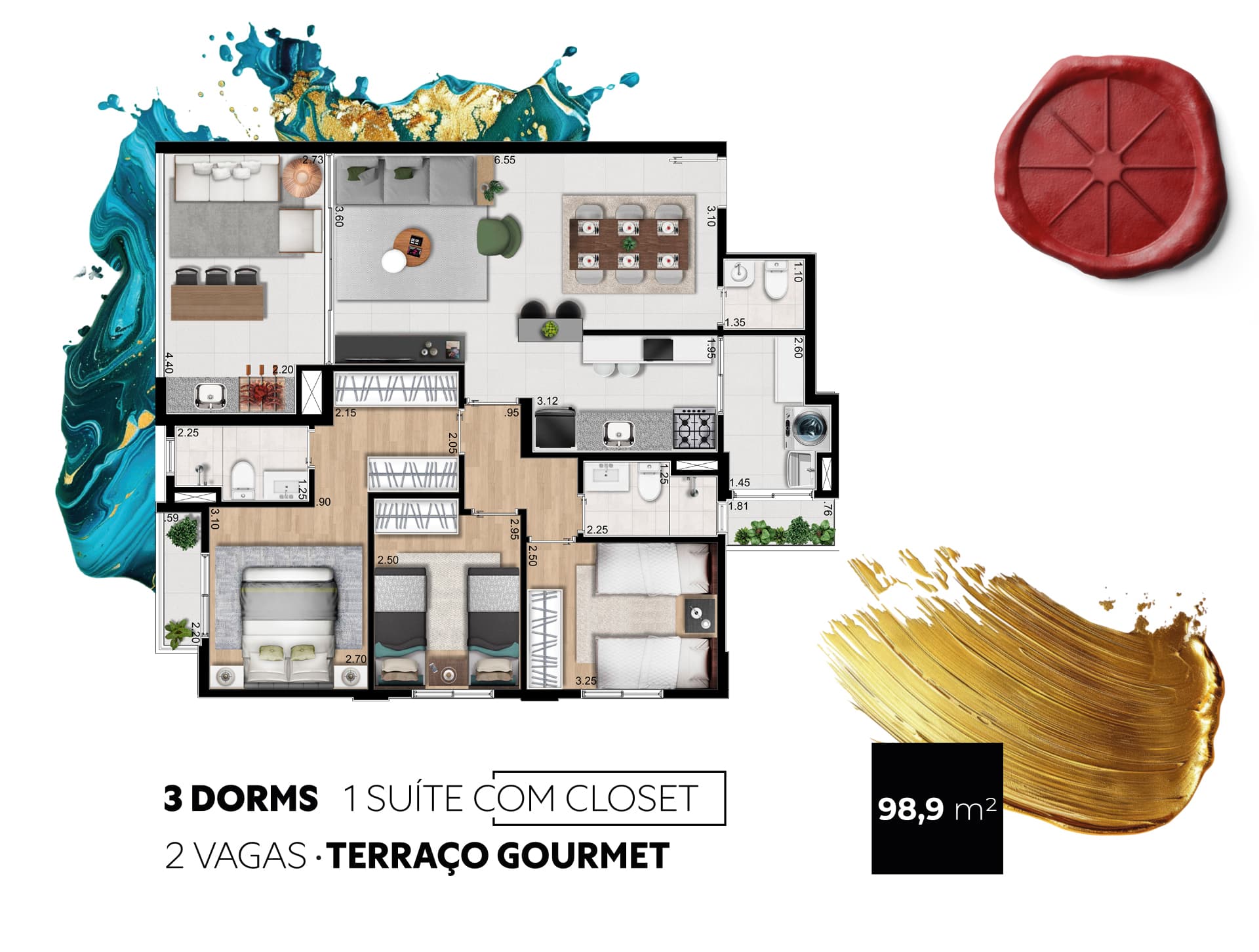 Planta baixa ilustrada de apartamento de 3 dormitórios com terraço gourmet.