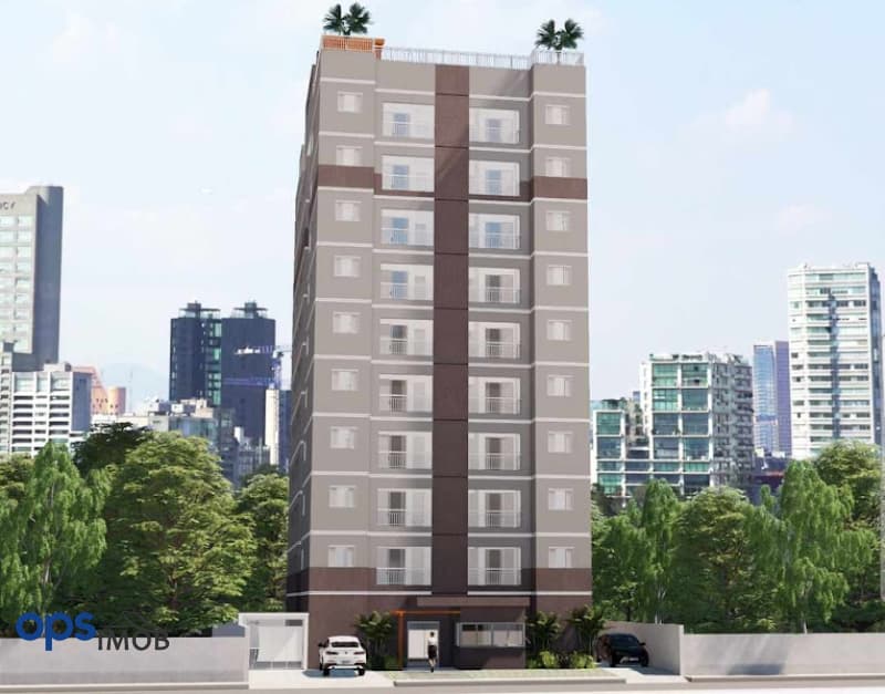 Perspectiva artística da fachada de edifício residencial de vários andares com tons cinzas e marrons.