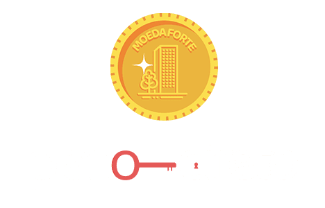 Logotipo gráfico com uma moeda dourada contendo o desenho de um prédio e uma chave vermelha abaixo.